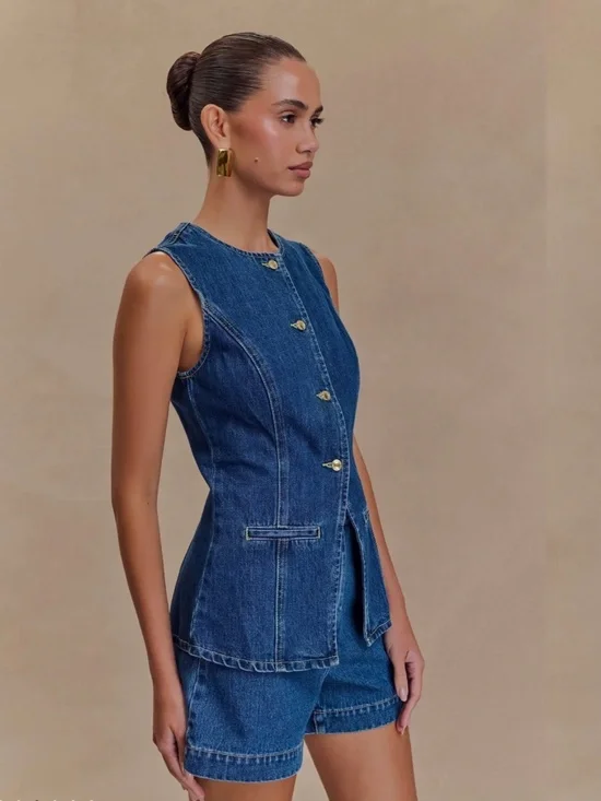 NWT Meshki Abel Denim Button Up Vest Top & Shorts Set XL - Picture 5 of 7